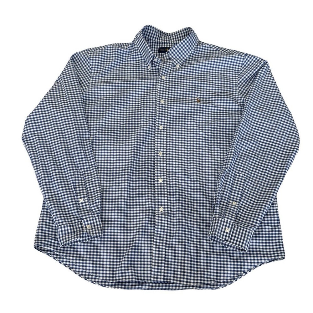 Ralph Lauren Men's XXL Short Sleeve Gingham Button Down Shirt Navy Blue White